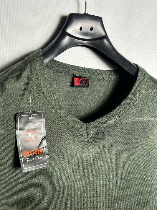Wool Sweater Green V Neck - XL