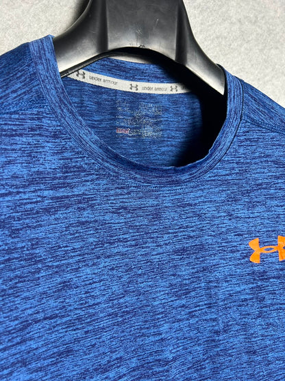 Under Armour Blue Heat Gear Orange Logo Round Neck - Small