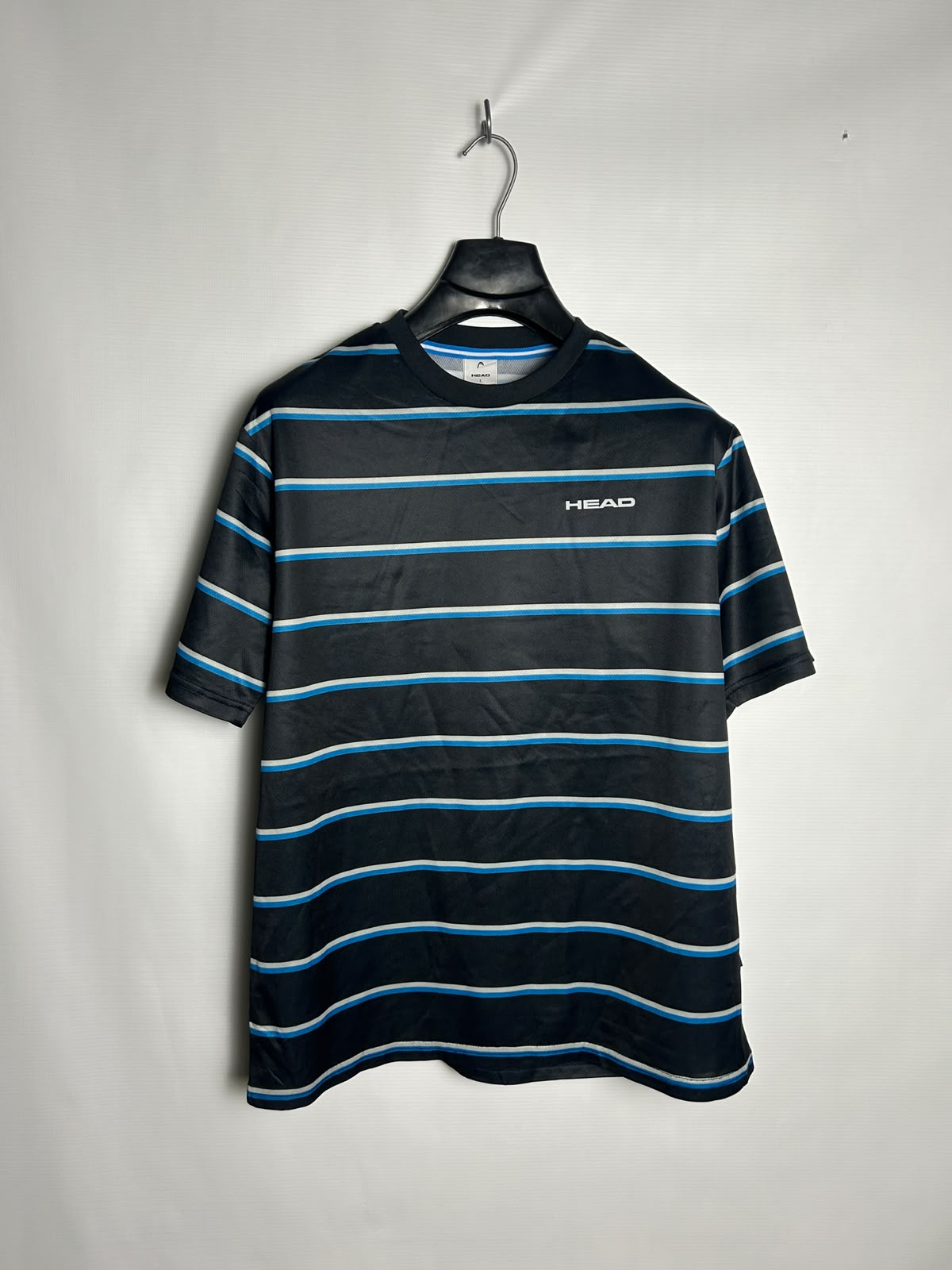 Head Black With Blue White Horizantal Strips Round Neck - Large